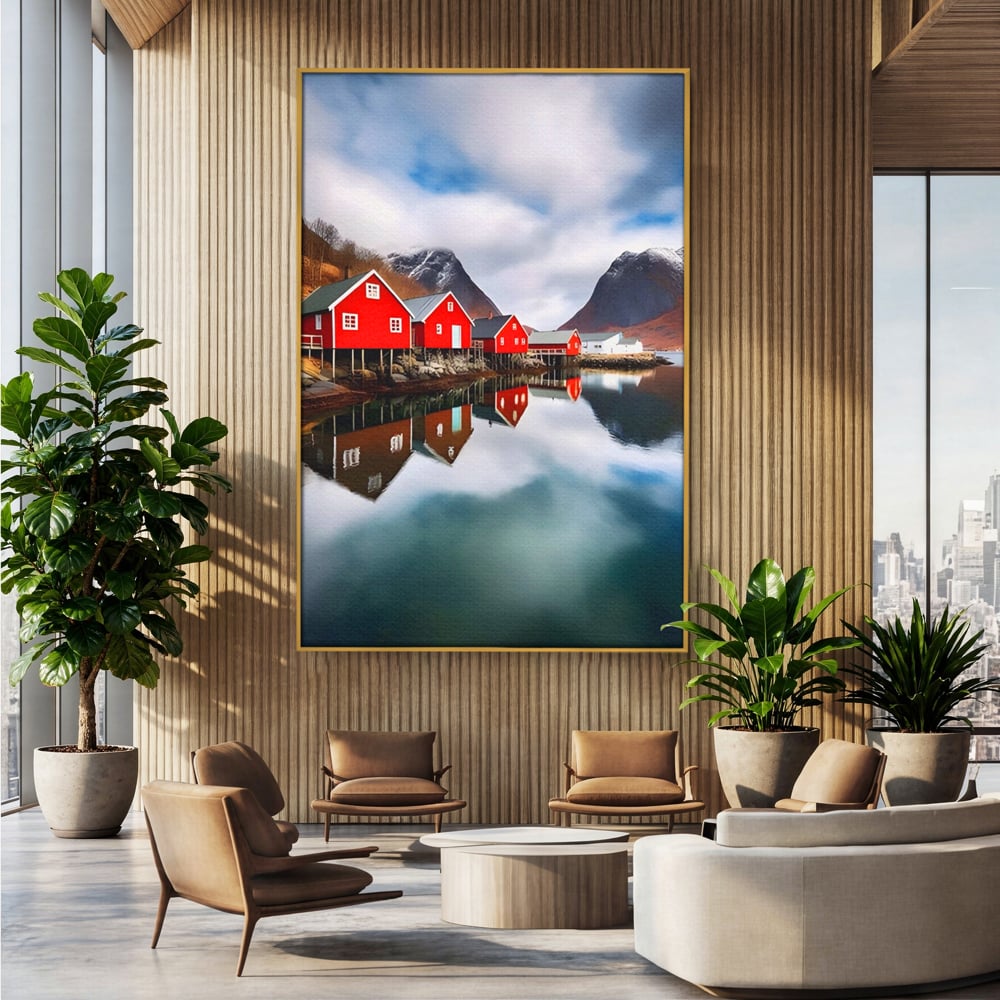 Tablou canvas cu tablou canvas cu cabane rosii, in rama de aluminiu auriu, pe perete intr-un birou